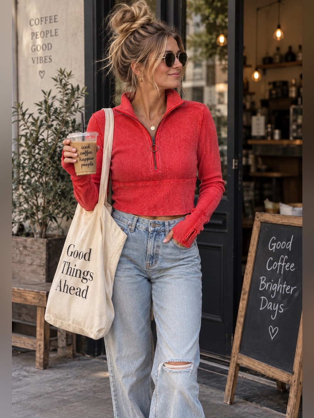Free People We The Free Red Ribbed Half Zip Pullover Top S